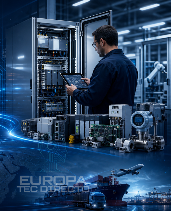 Ingeniero industrial revisando equipos de automatización europeos